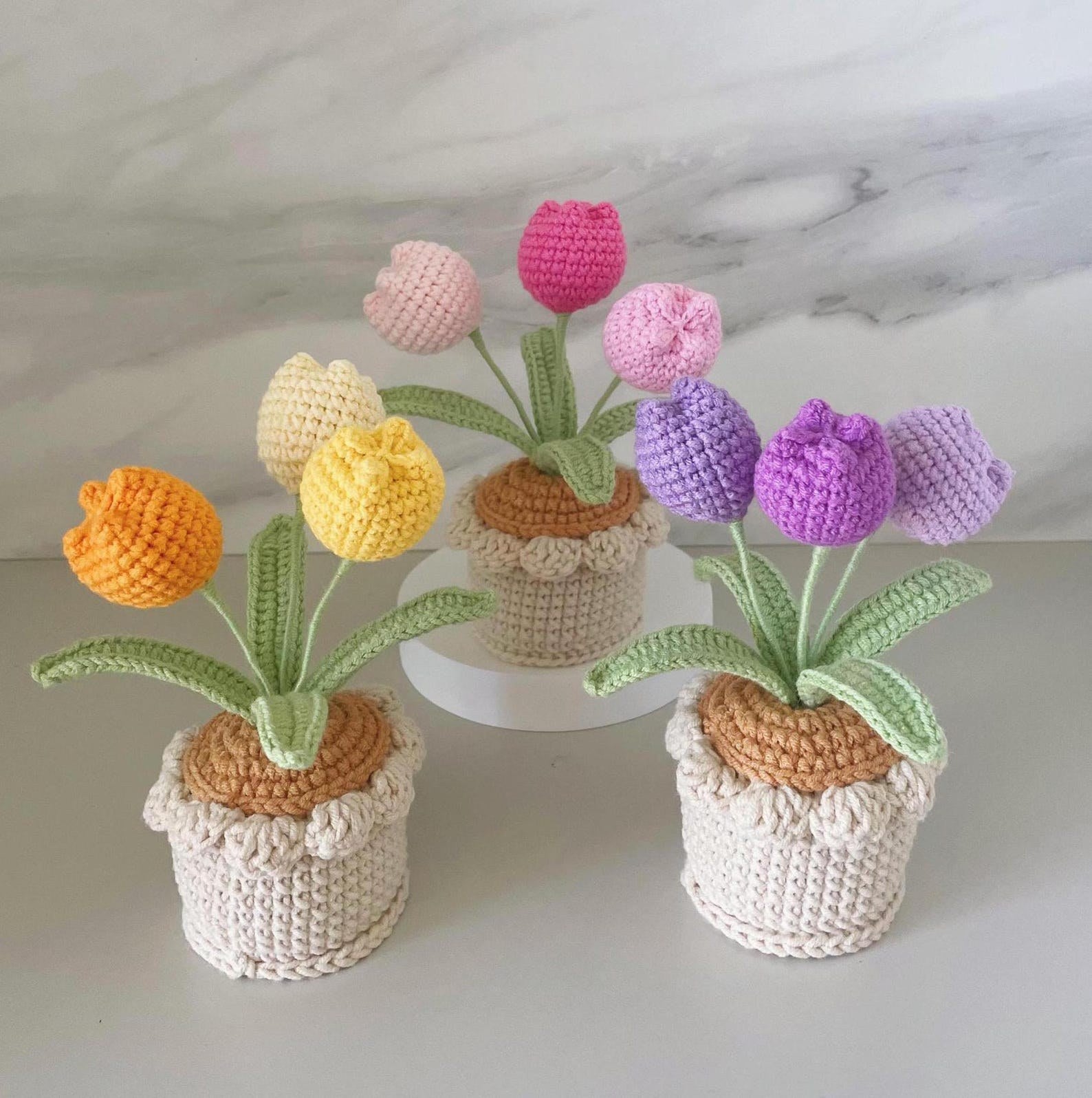 Handgemachter Häkel Tulpen Blumen Topf Rosa Lila Oranger