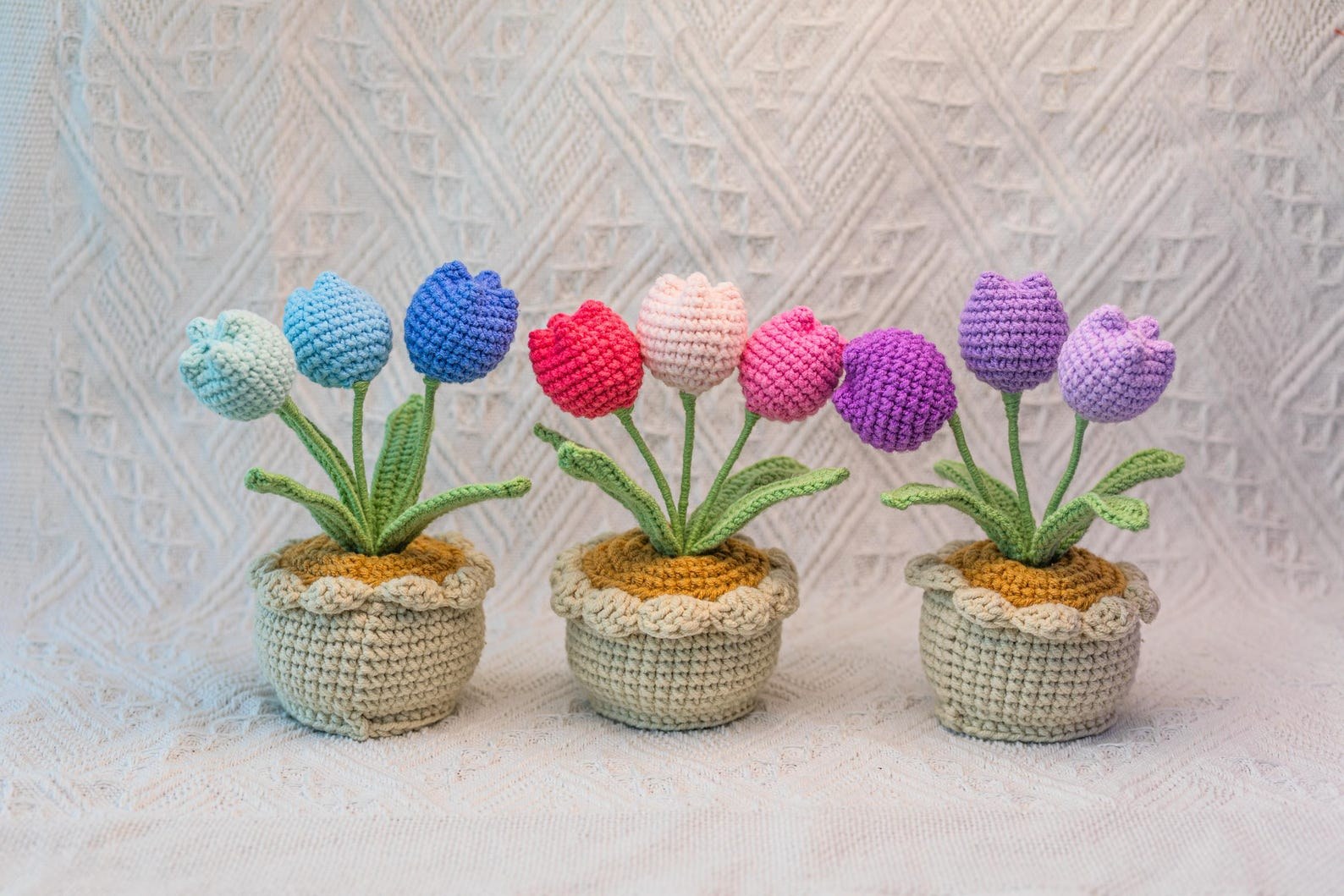 Handgemachter Häkel Tulpen Blumen Topf Rosa Lila Oranger